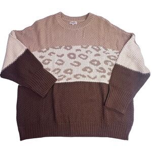 GiGiO Plus Sweater Womens XL Colorblock Leopard Waffle Knit Oversized Fall Top